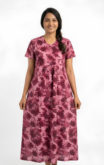 Burgundy  flower print V neck Non feeding maxi