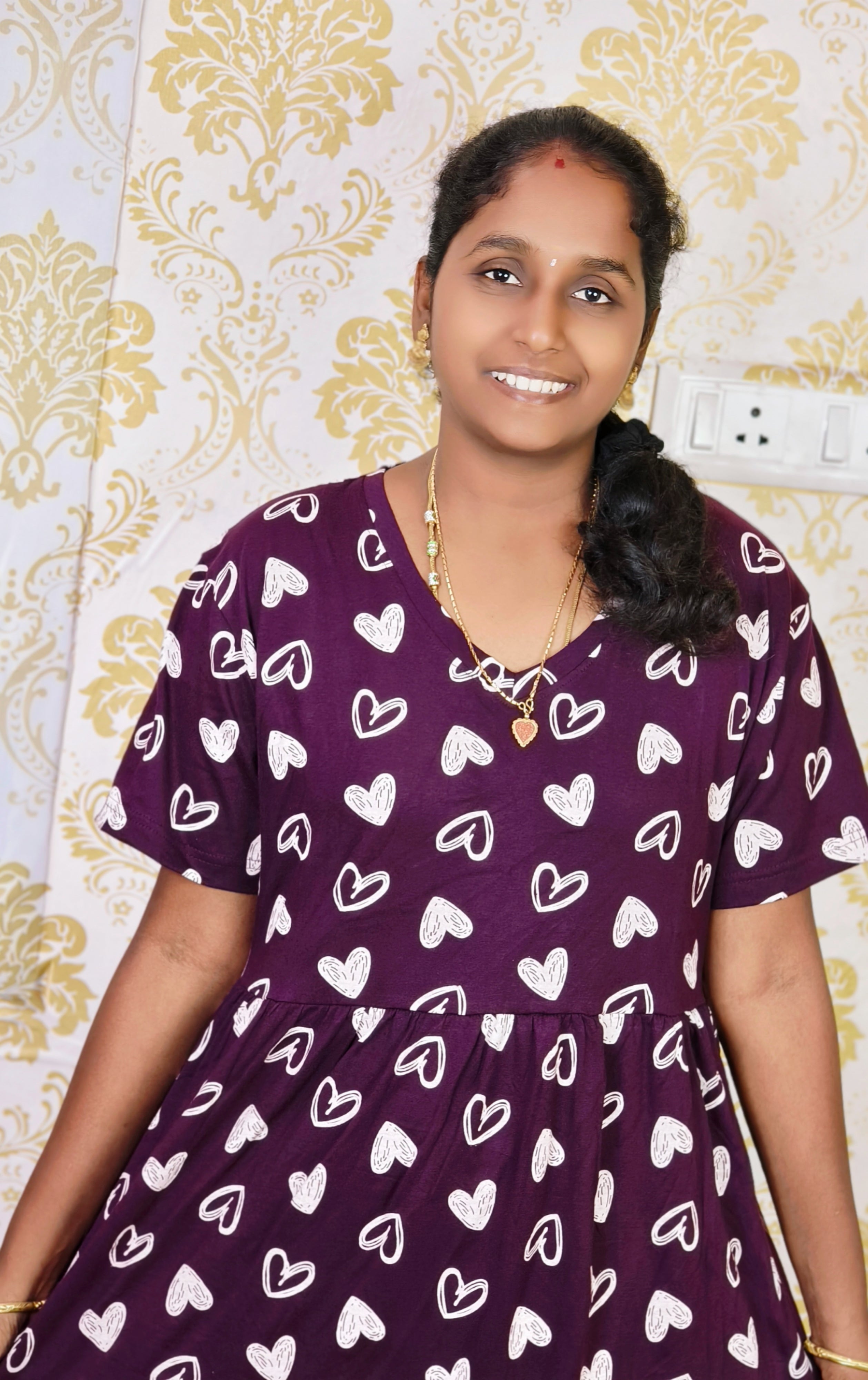 Dark purple print V NECK NON FEEDING MAXI