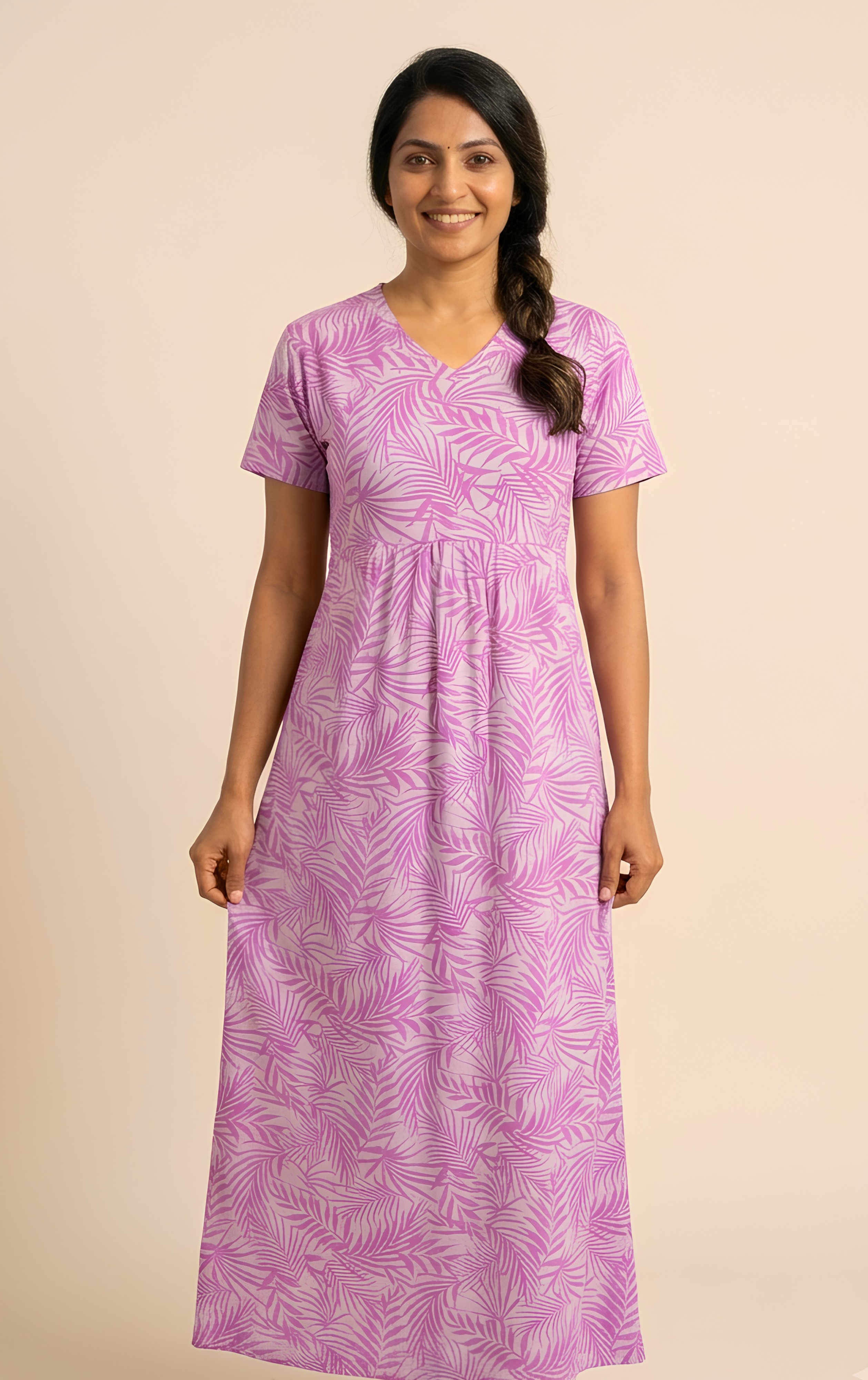 Purple leaf  print V neck Non feeding maxi