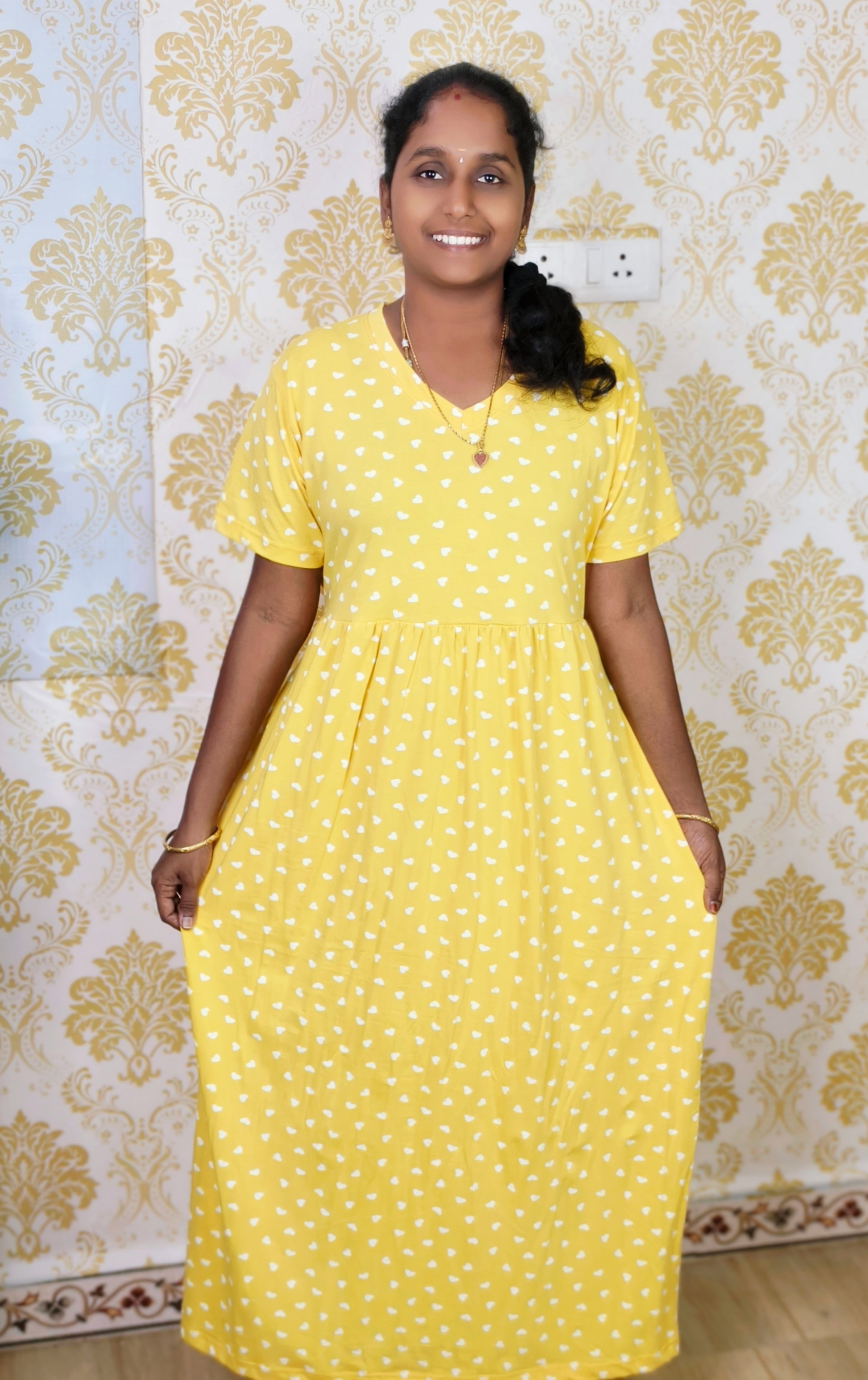 Yellow heart print V -NECK NON FEEDING MAXI