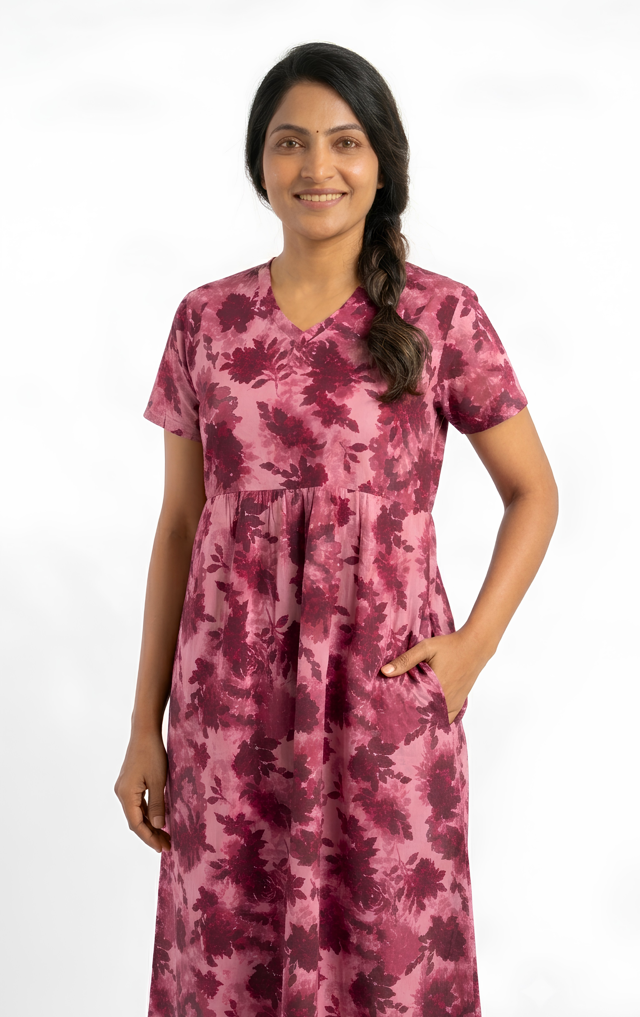 Burgundy  flower print V neck Non feeding maxi