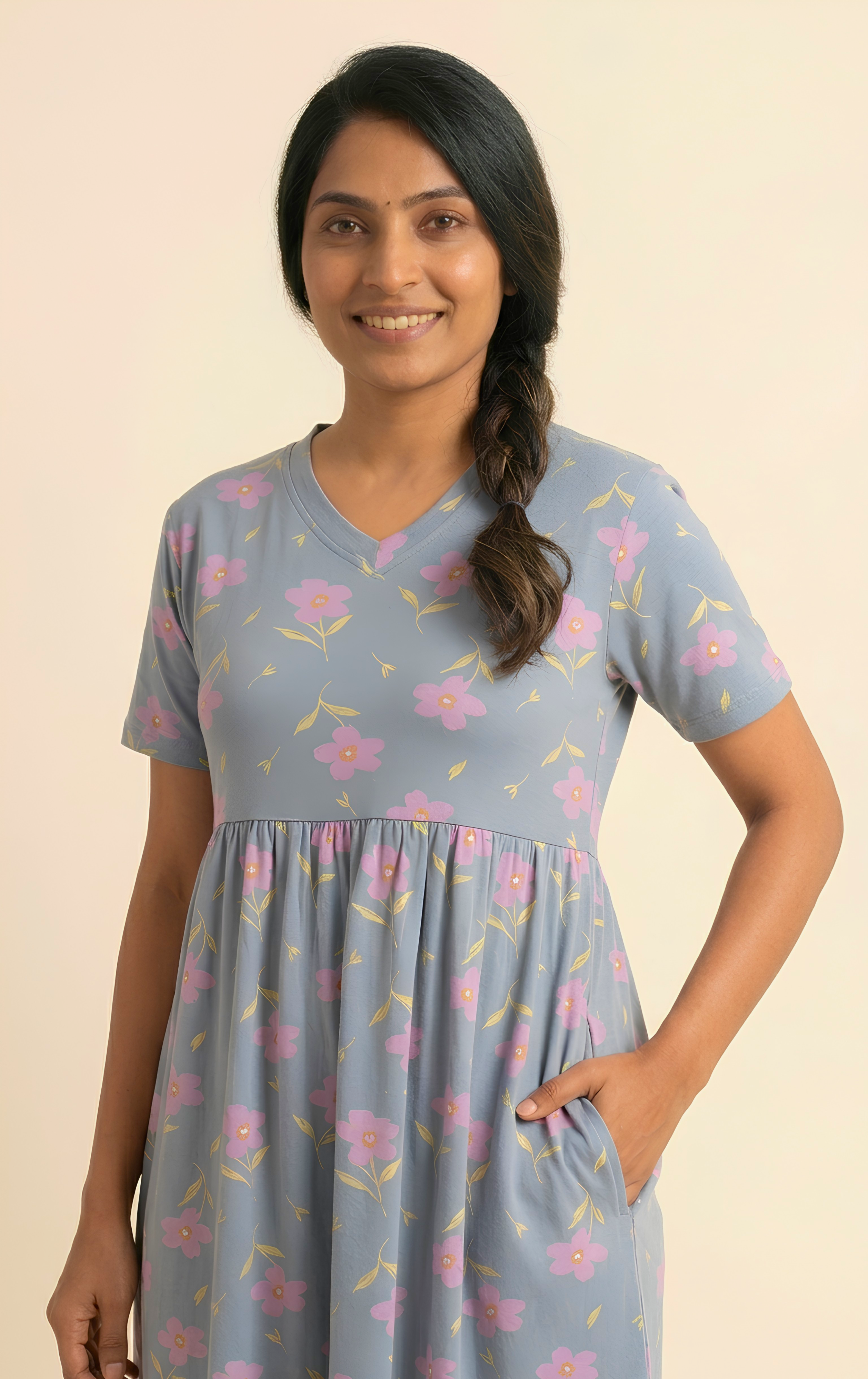 Grey flower print V neck Non feeding maxi