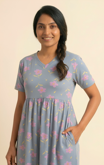 Grey flower print V neck Non feeding maxi