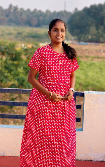 Red rised flower print round neck Non feeding maxi