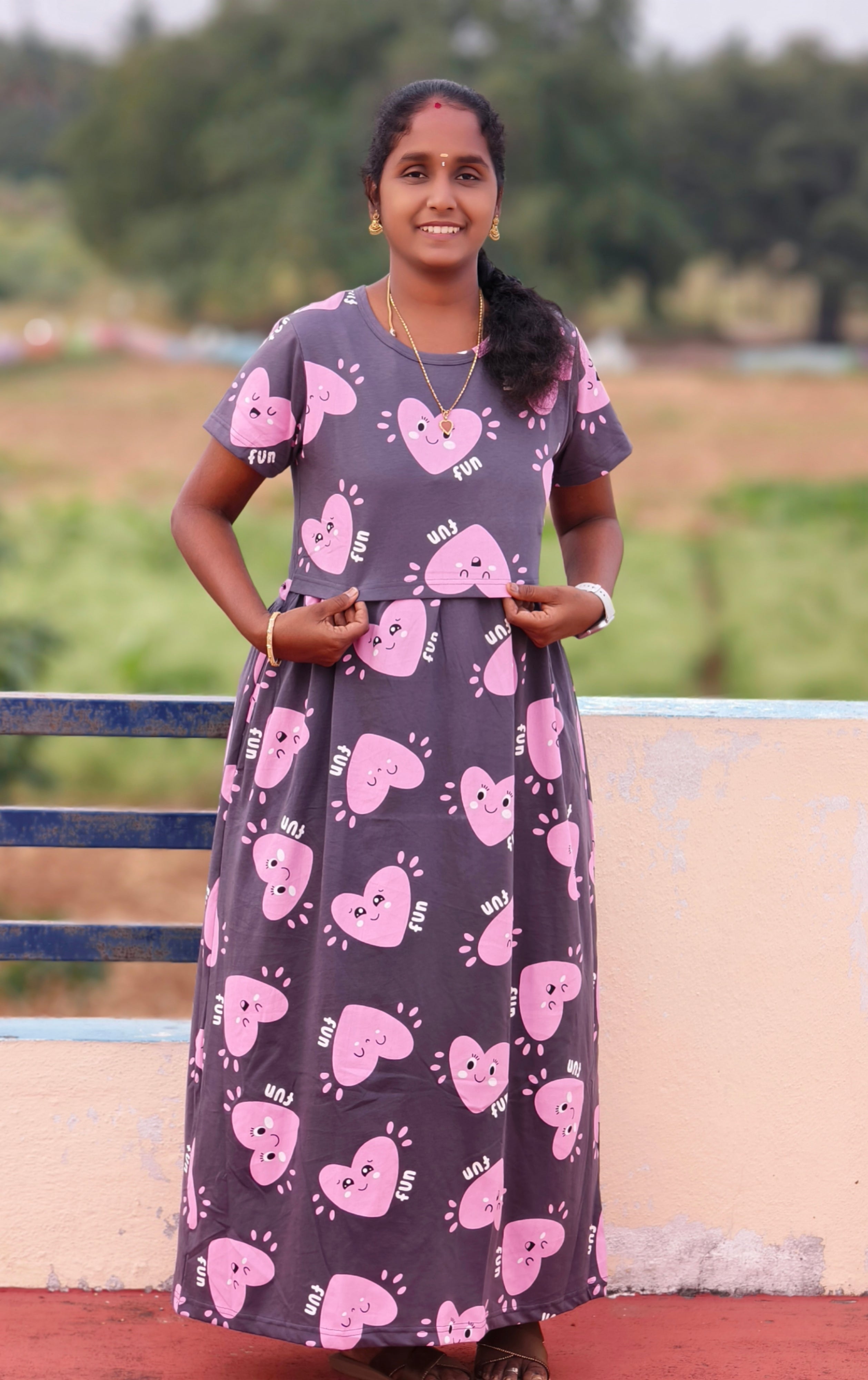 Grey with heart print normal' Sleeve Zipless feeding maxi